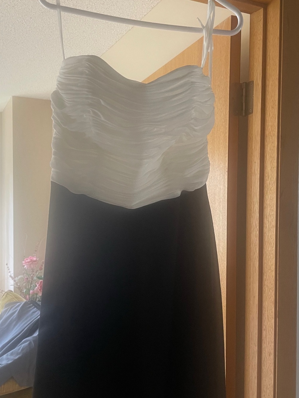 White and Black Strapless Evening Dress